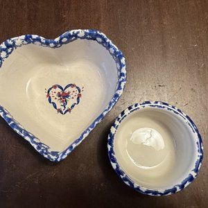 Nantucket Pottery Bowls - Heart Shaped and Round - Cream with red & blue flowers